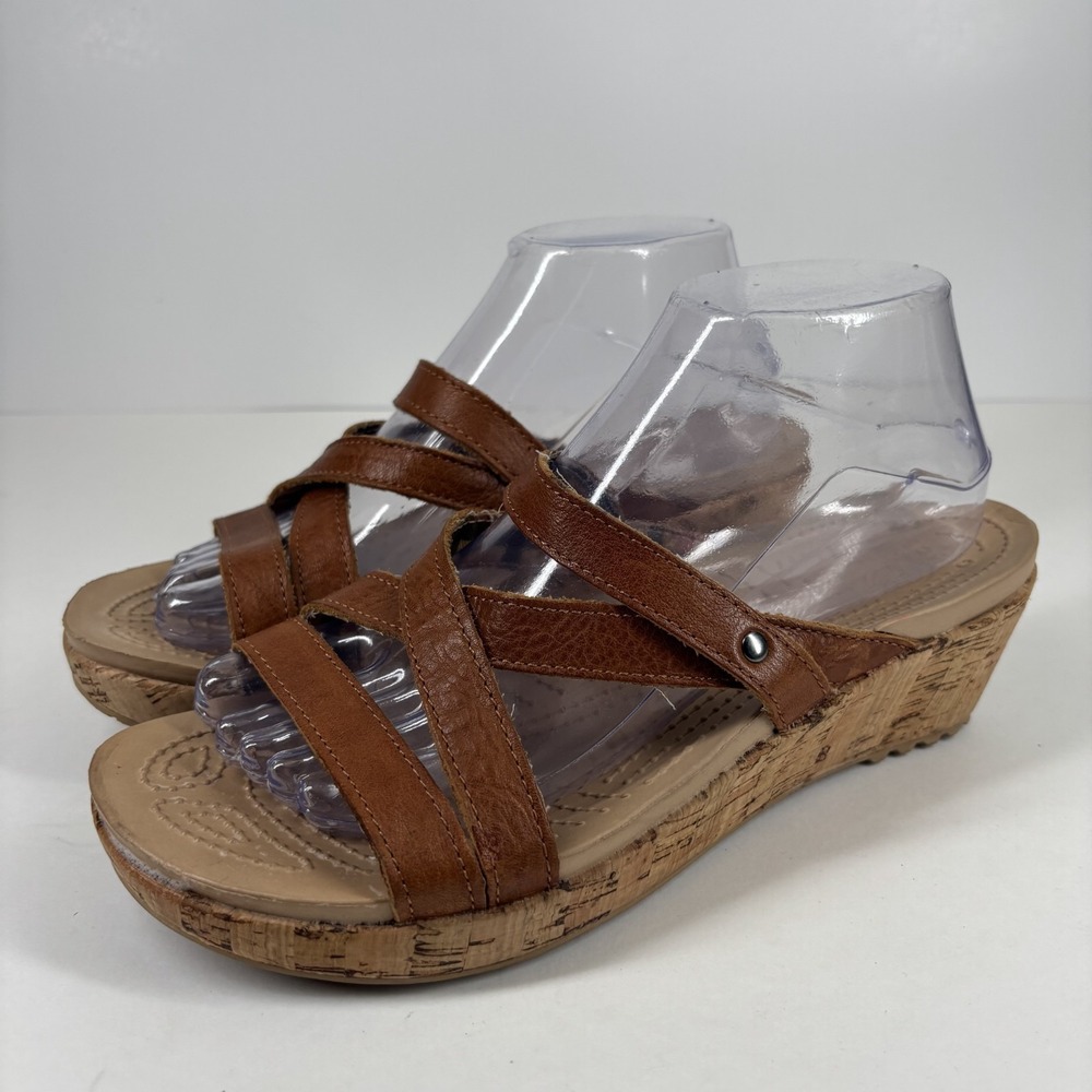 Crocs A-Leigh Mini Wedge Women's US 8 Brown Leather Strappy Slide Wedge Sandals